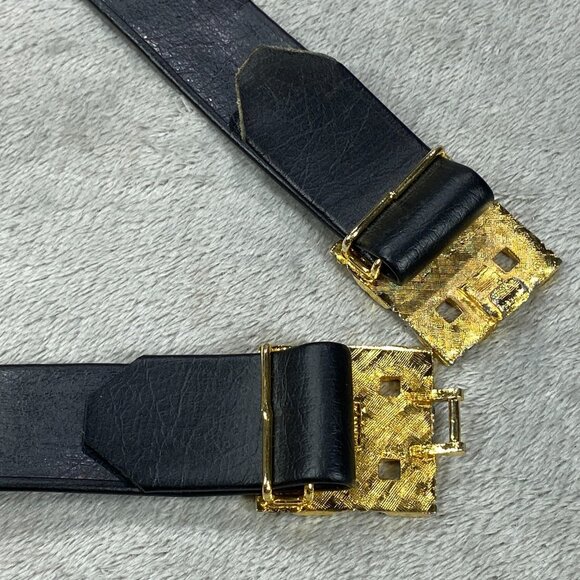 VTG Jeanne 1976 Women Fashion Belt S/M Black Adjustable Gold Basketweave Buckle - Picture 4 of 9
